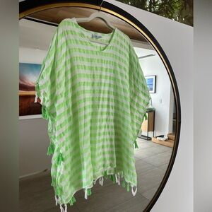 Neon green and white striped cotton Beach Cover-up with Pom Pom Tassels